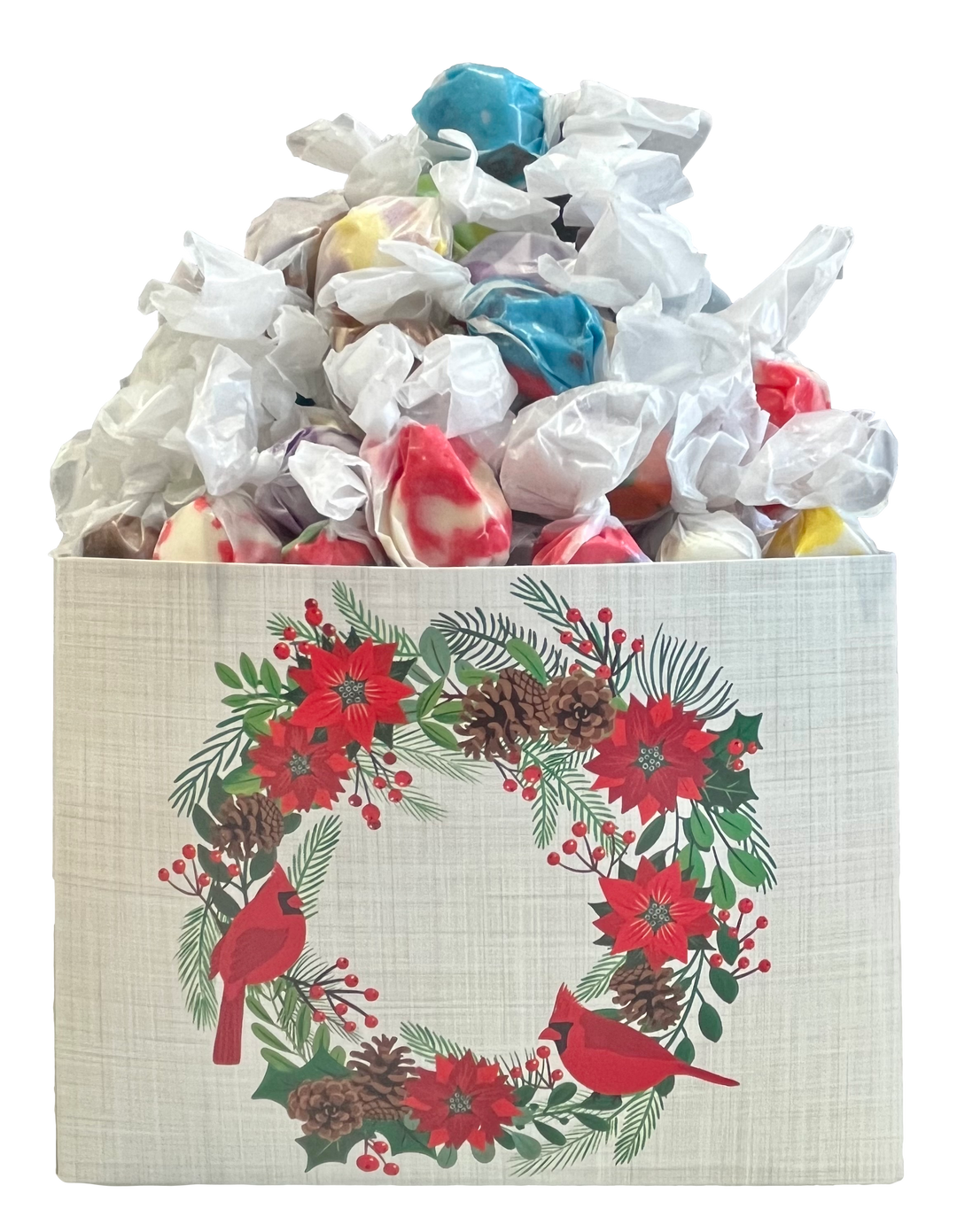 Wreath With Cardinals Taffy Gift Basket
